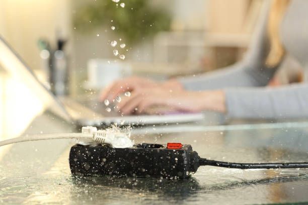 A woman is typing on a laptop next to a flooded power strip.