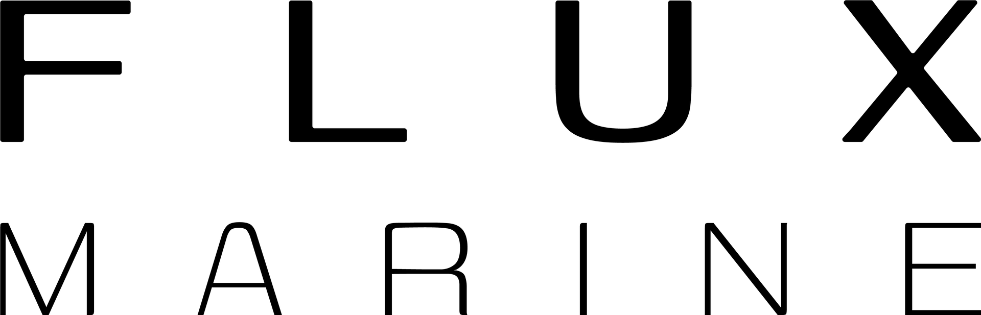 A black and white logo for flux marine on a white background