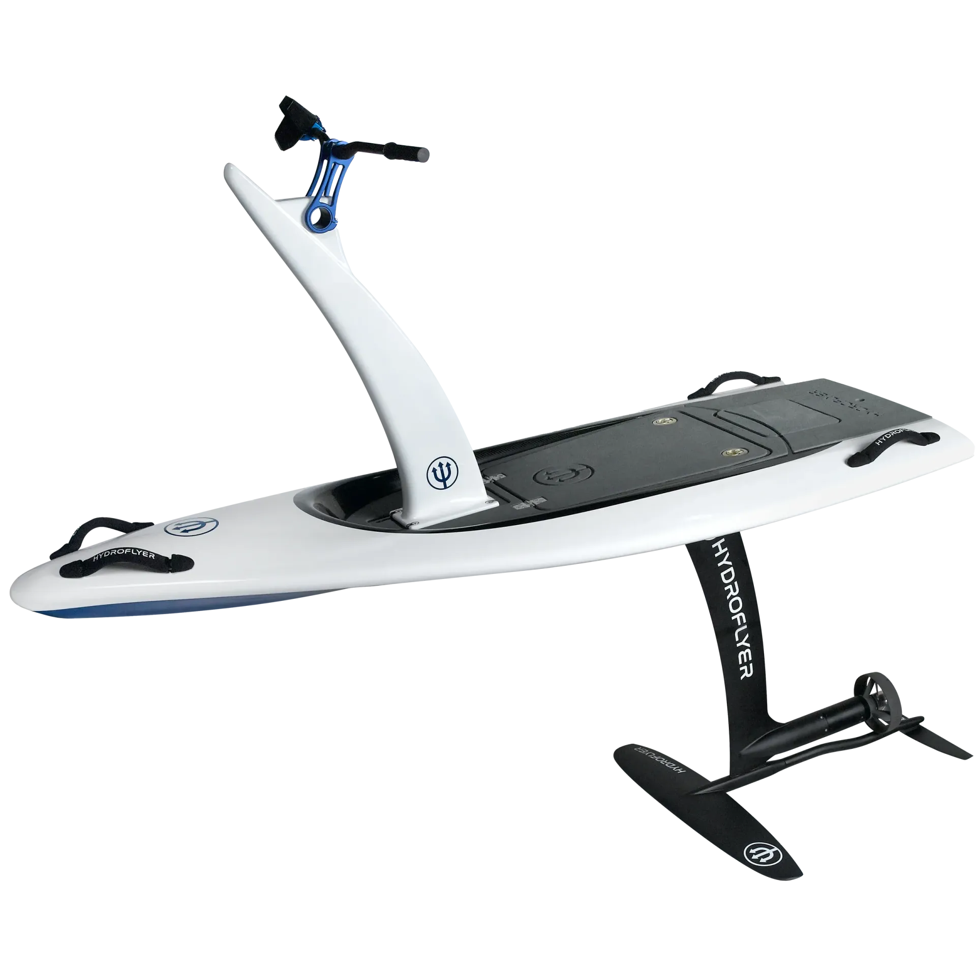 A white hydrofoil board is floating in the air. A white hydrofoil board