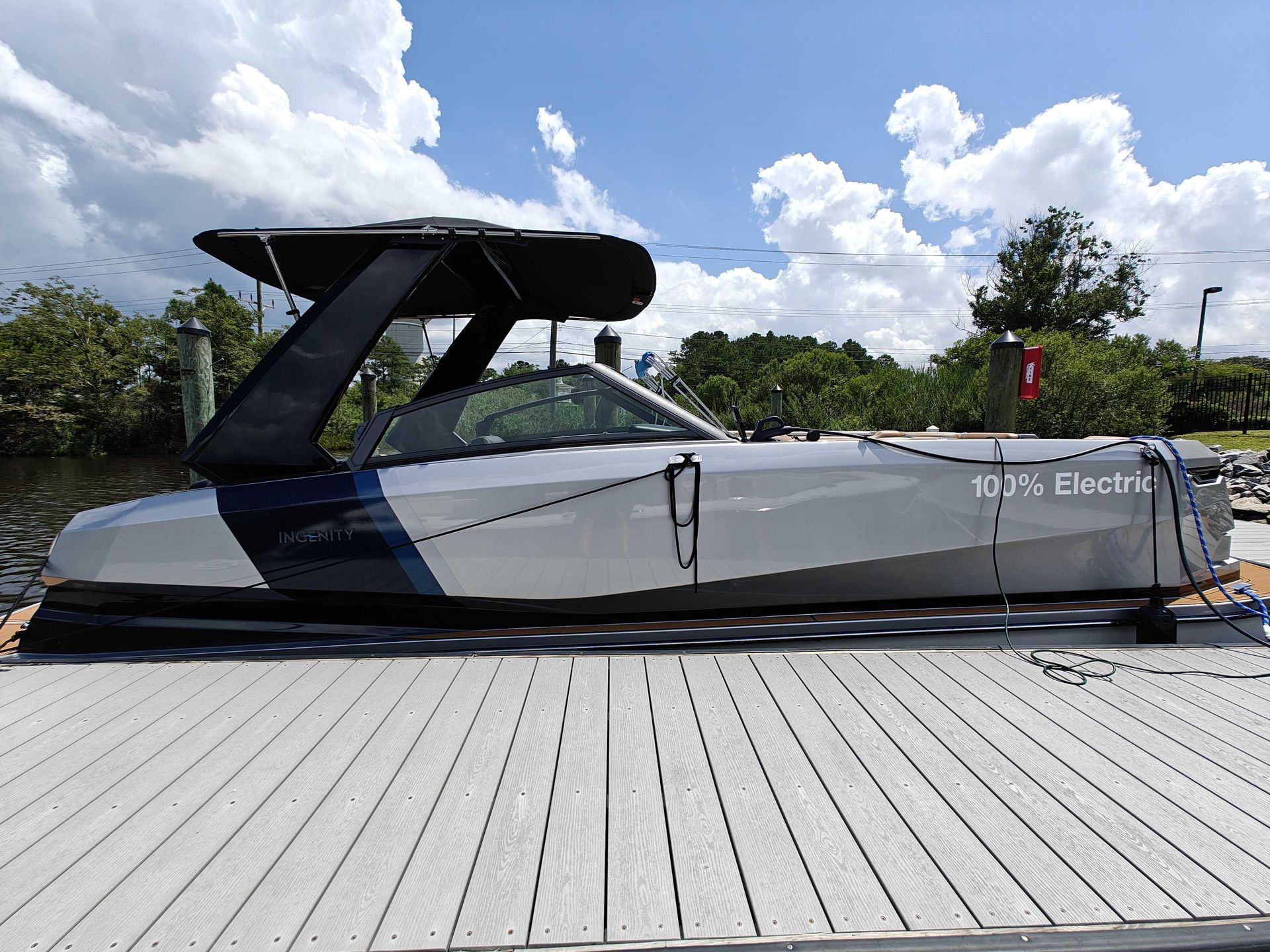 A boat is sitting on a dock next to a body of water.
