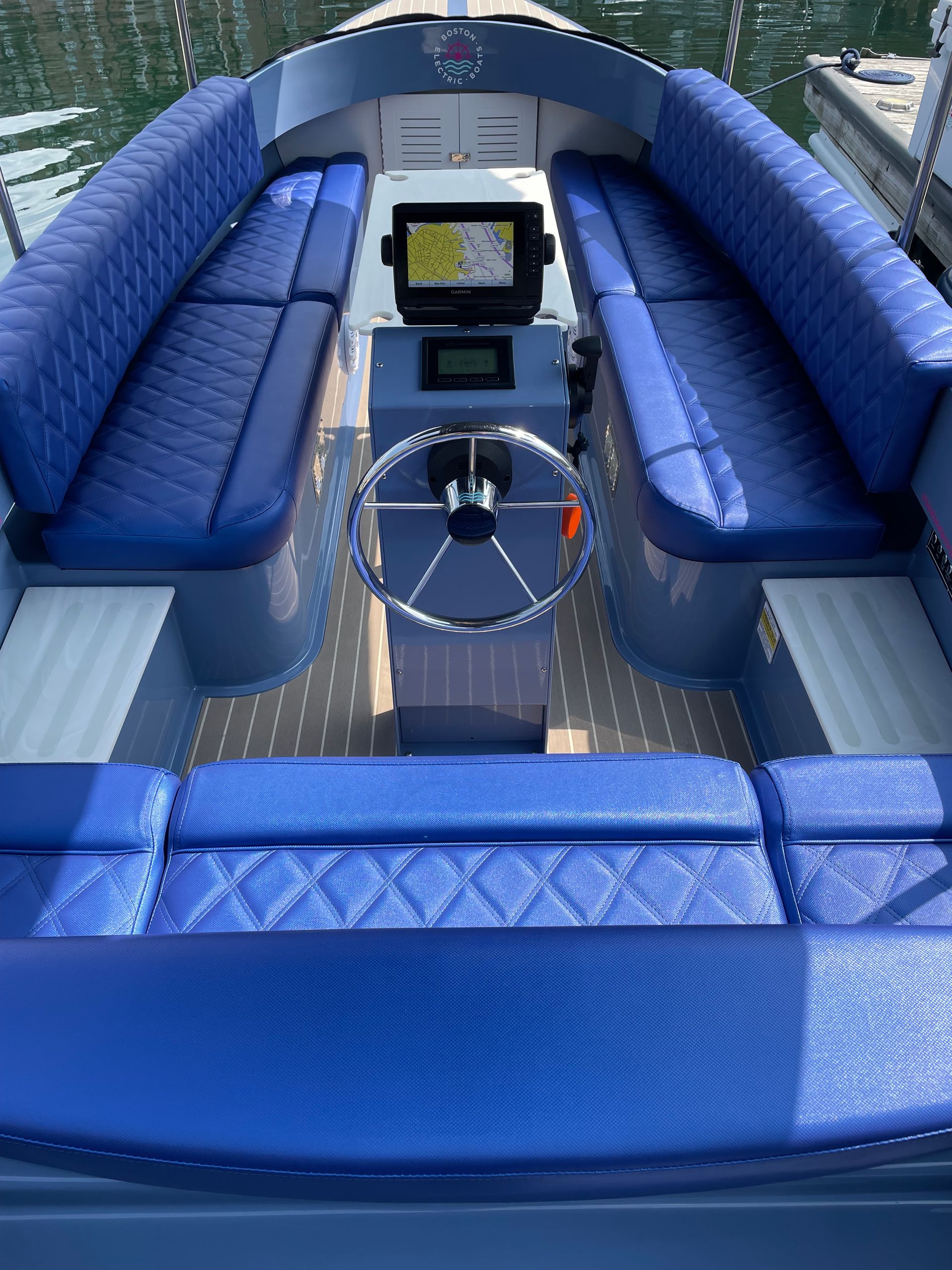 helm and steering wheel on fantail 217 from Vision marine electric boat 