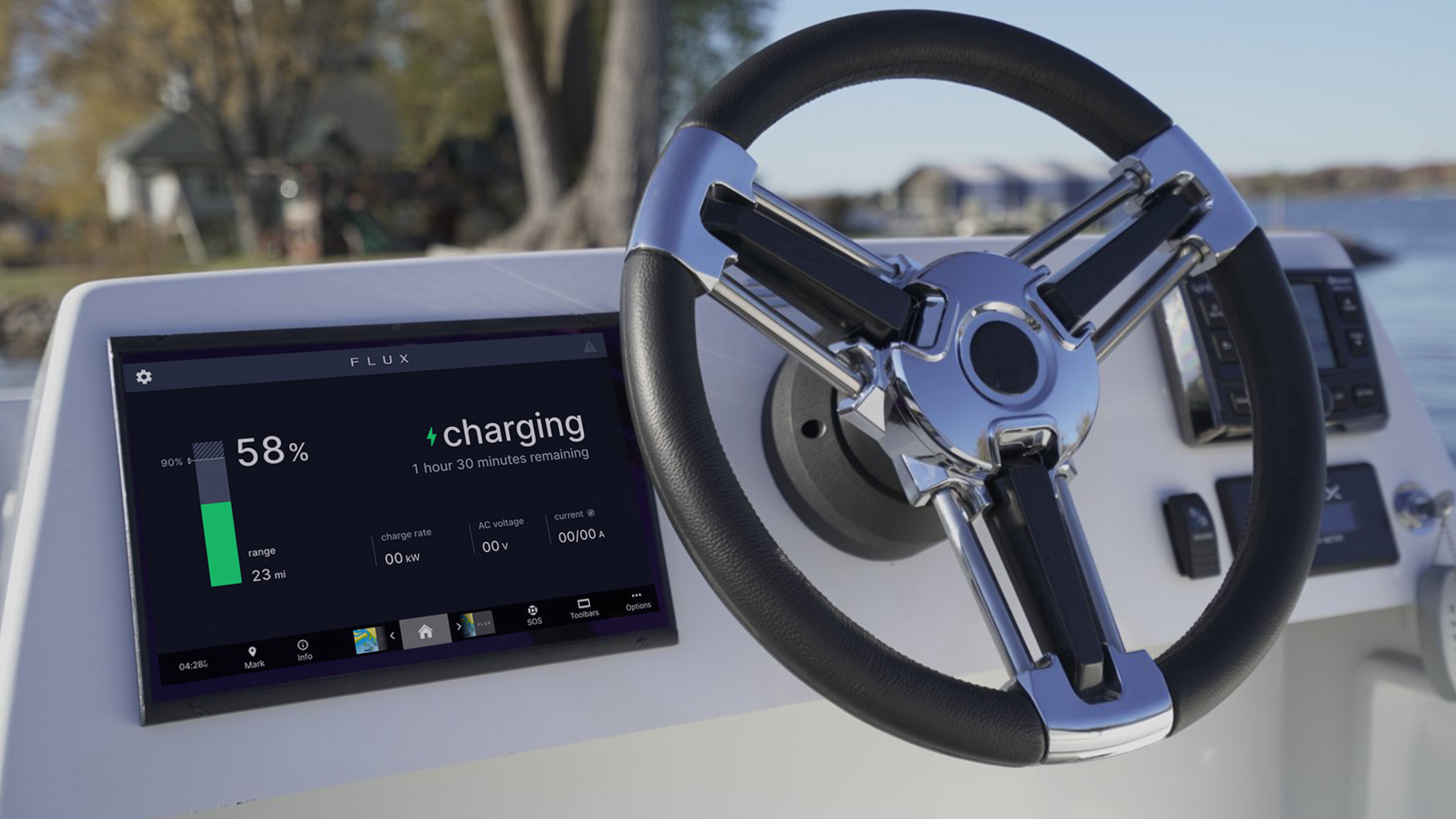 A close up of a steering wheel on a boat.