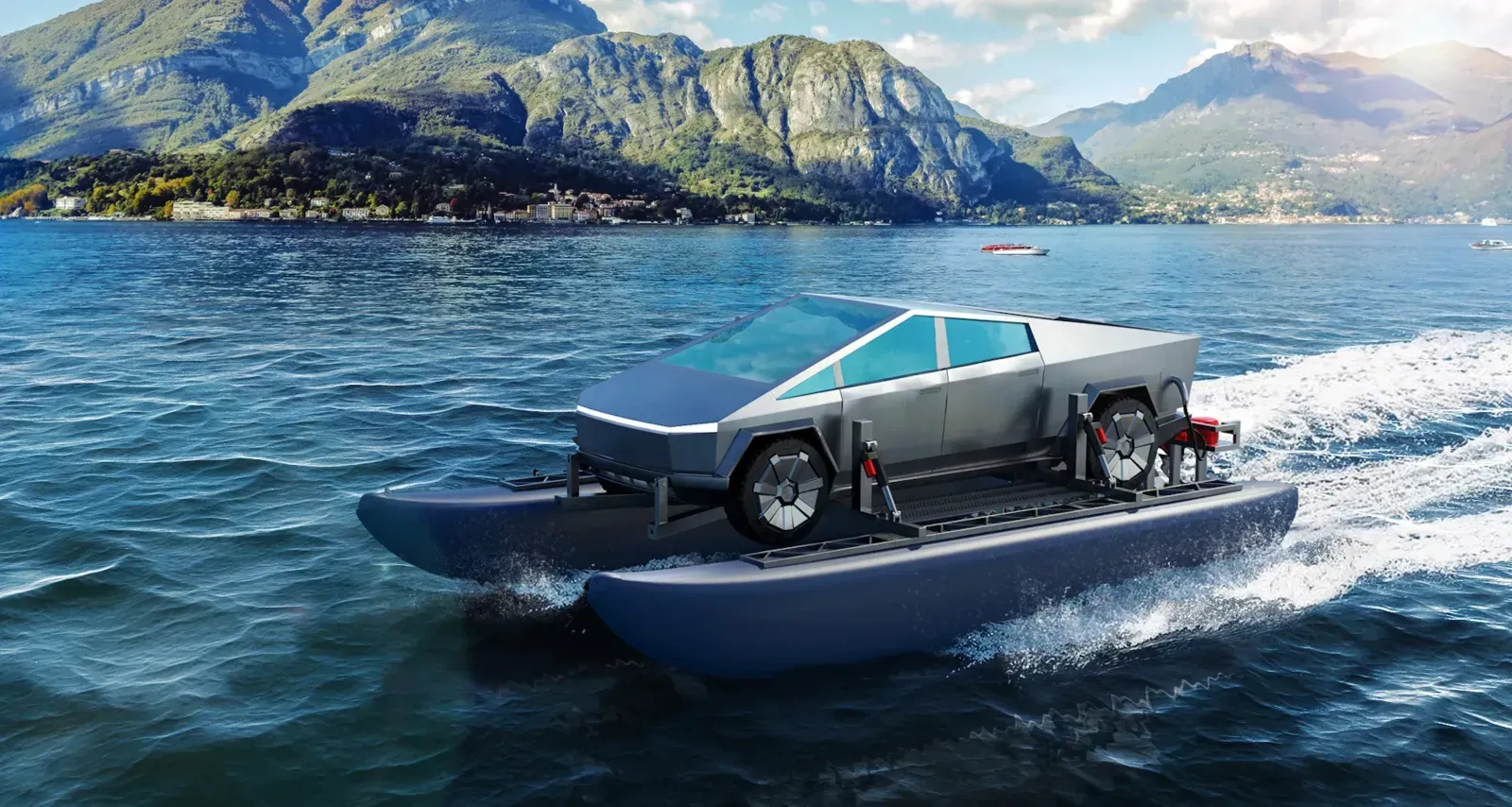 A car is floating on top of a boat in the water.