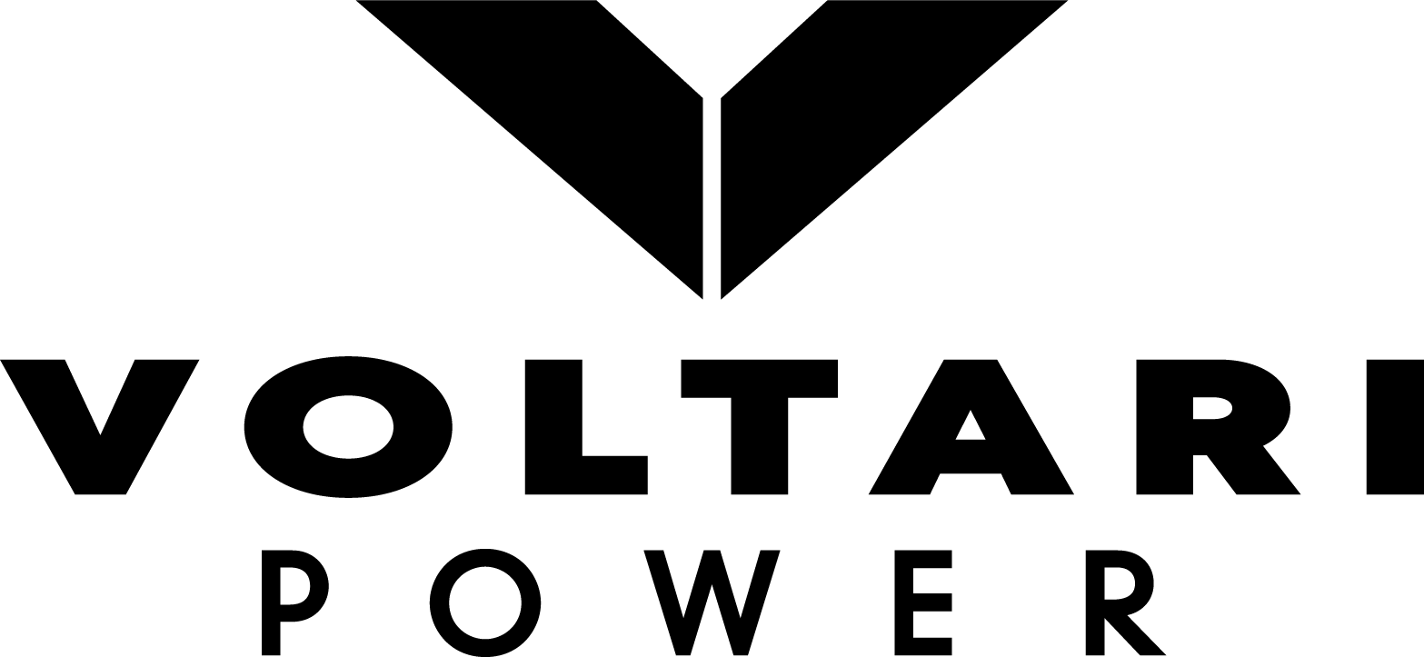 A black and white logo for voltari power with a triangle in the middle.