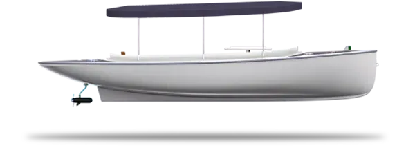 A white boat with a blue canopy is floating in the air. A white boat with a blue canopy is floating in the air.