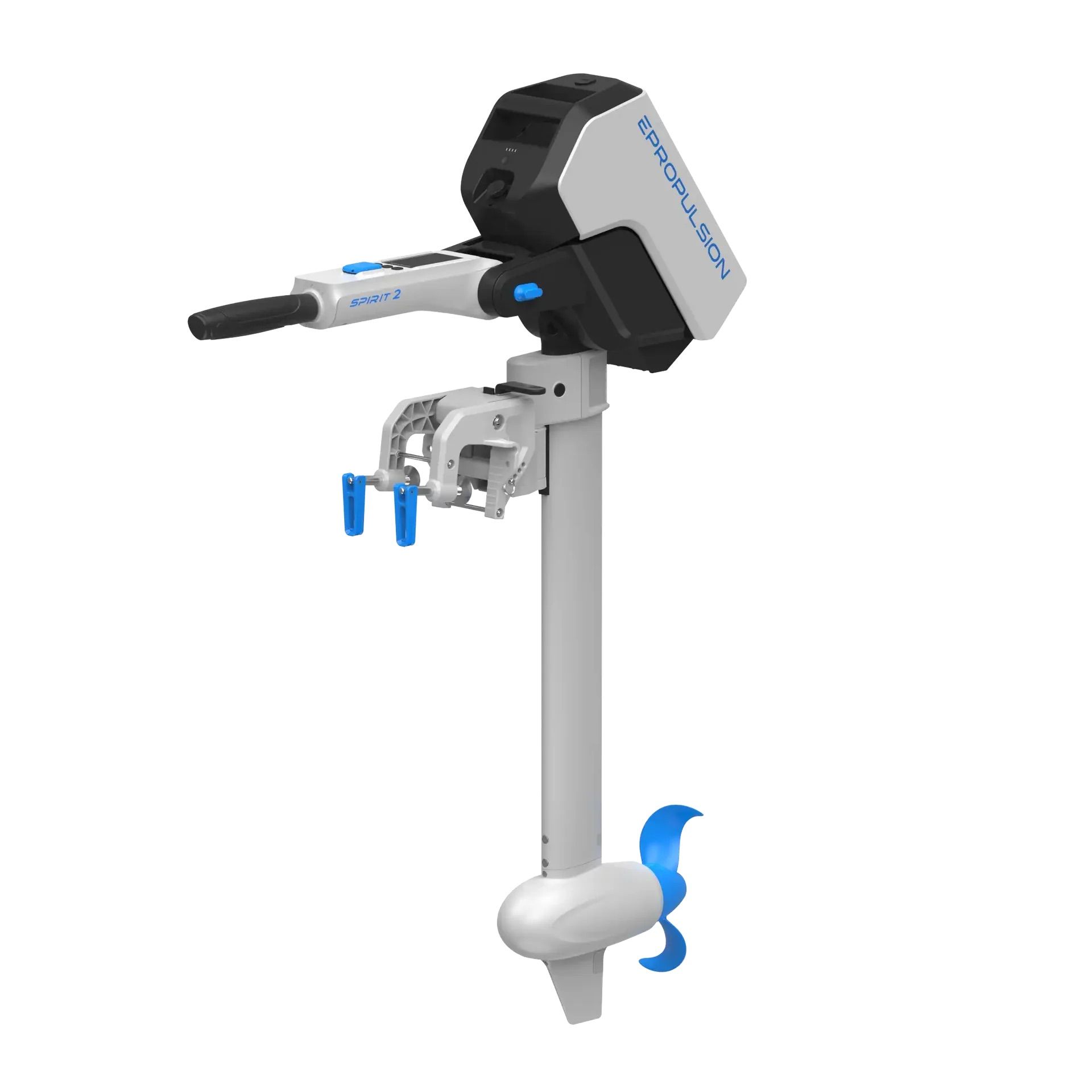 A white and blue electric outboard motor on a white background.