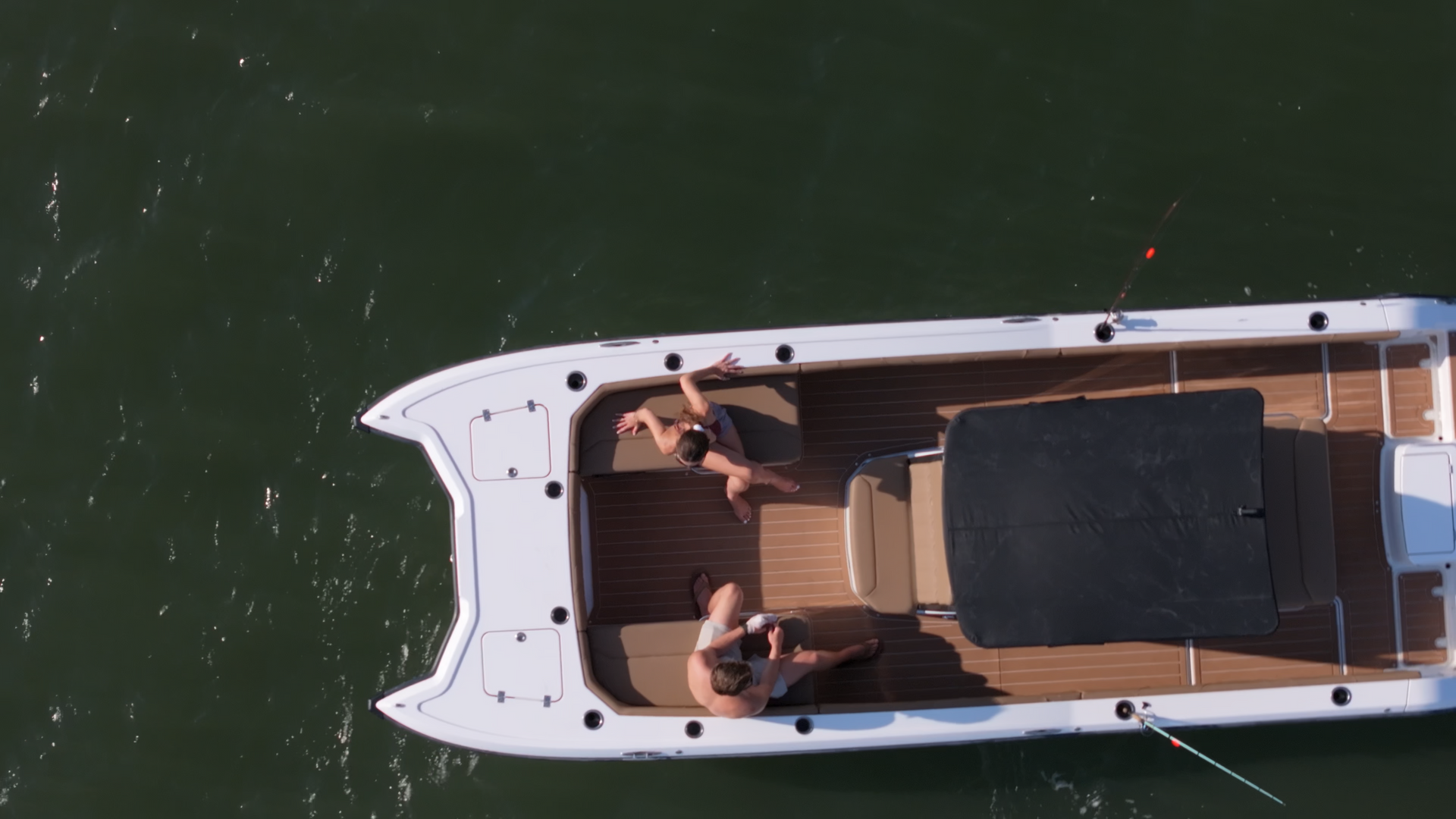 Bow of Artemis23 with T Top layout and sundeck seating from birds eye view