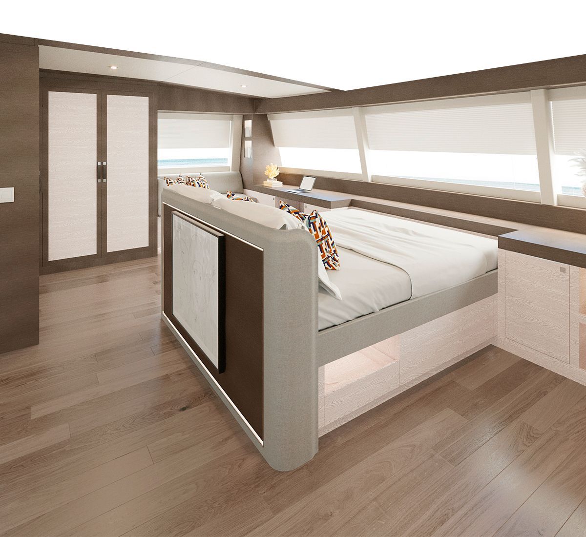 Main deck on electric yacht rendering wood flooers and beige furniture