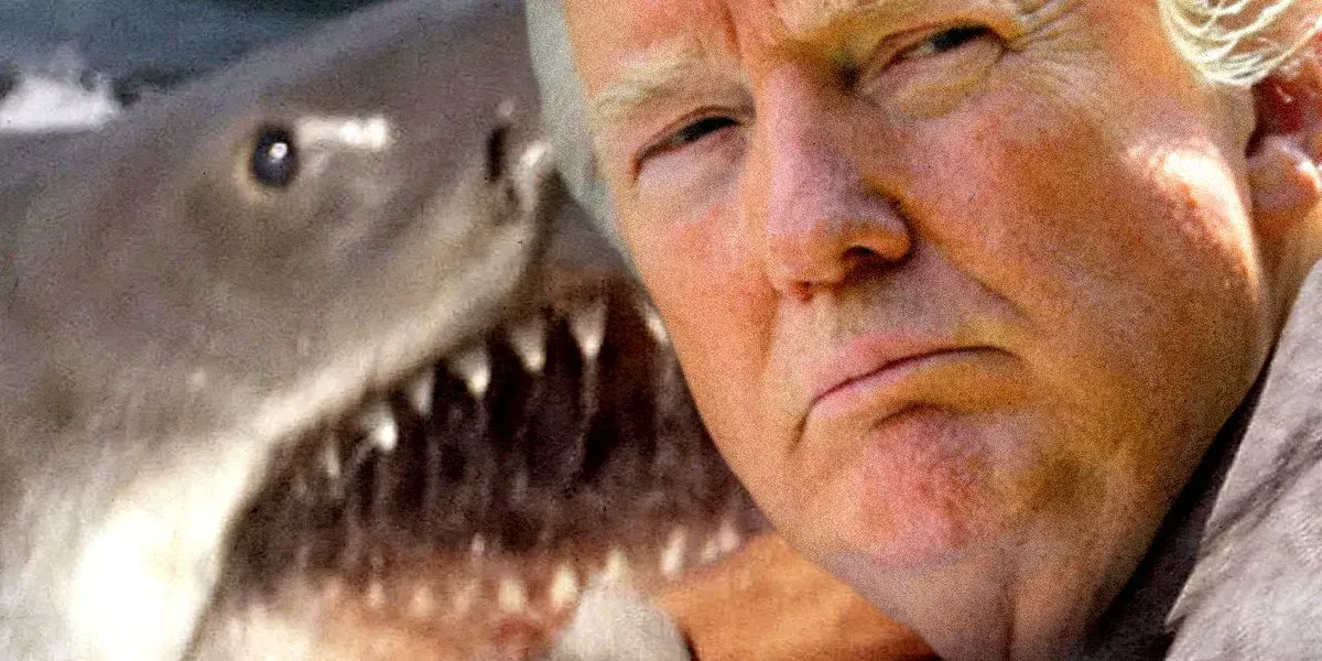 A man is standing in front of a shark with its mouth open.
