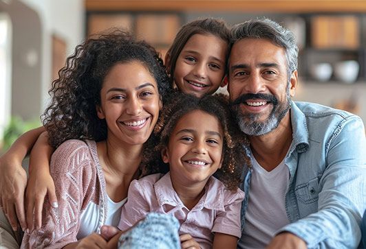Smiling family of four sitting close together on a couch in a cozy living room
