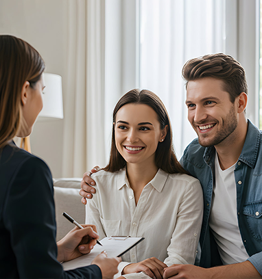 Two people smiling during a consultation with a counselor in a bright office