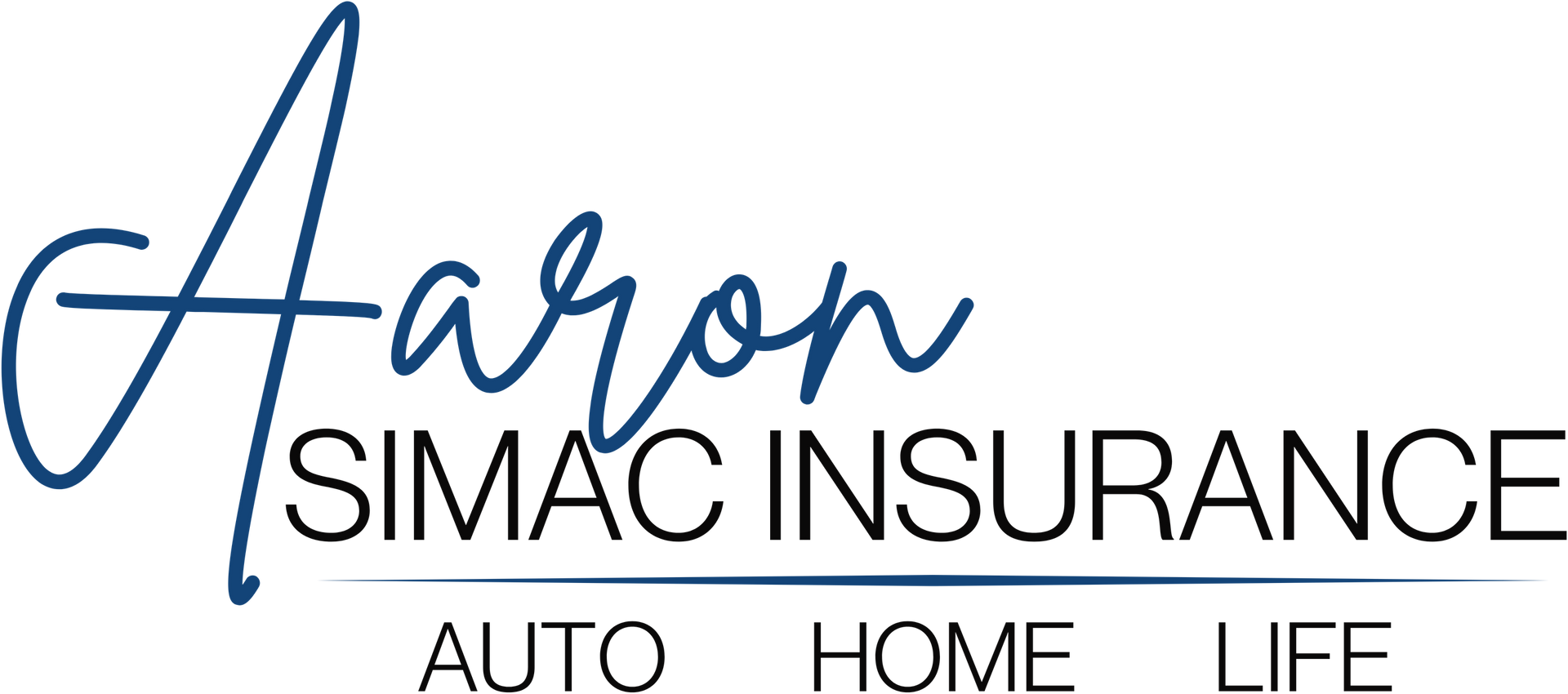 Aaron Simac Insurance logo with blue script, black text, and Auto, Home, Life services listed below