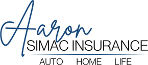 Aaron Simac Insurance logo with blue script, black text, and Auto, Home, Life services listed below