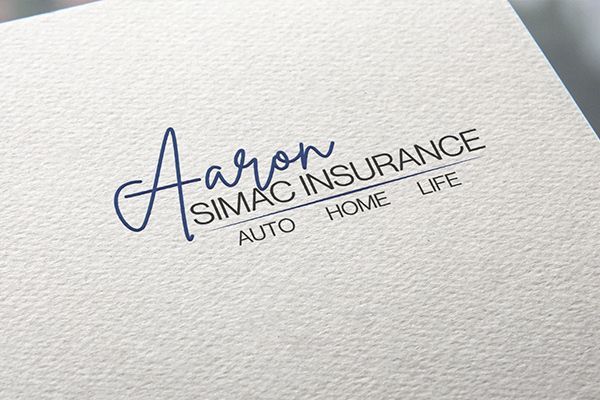 Aaron Simac Insurance logo with blue script and gray text on textured white paper.