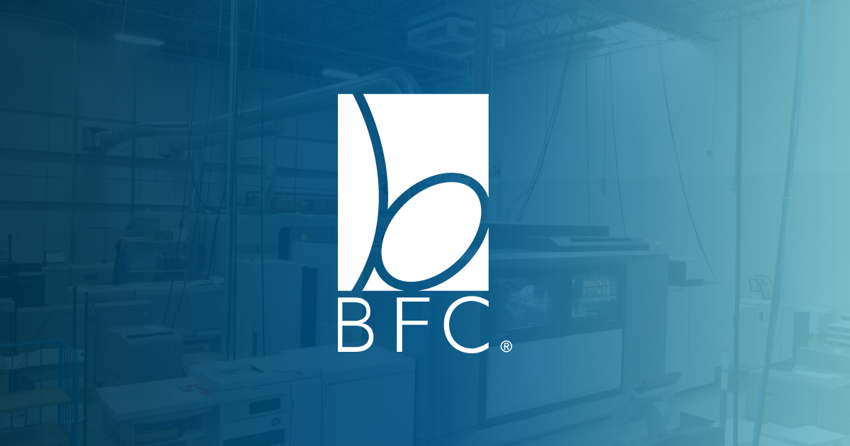 Blue BFC logo centered on a blue-tinted office background