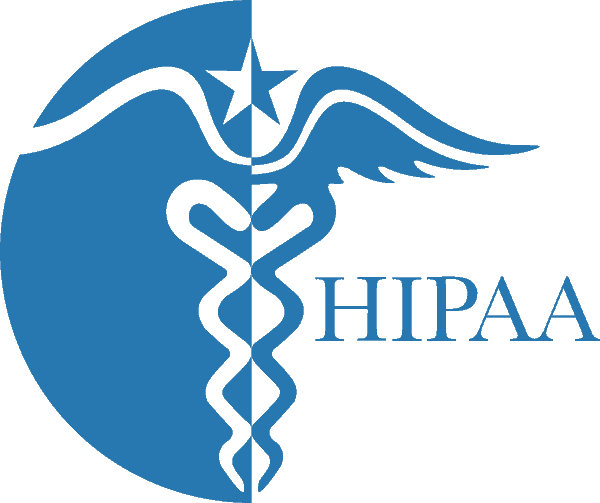 Blue HIPAA medical privacy logo with caduceus symbol and shield shape