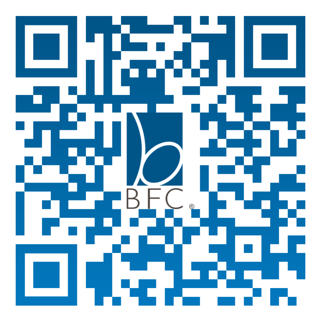 Blue QR code with BFC logo in the center on a white background