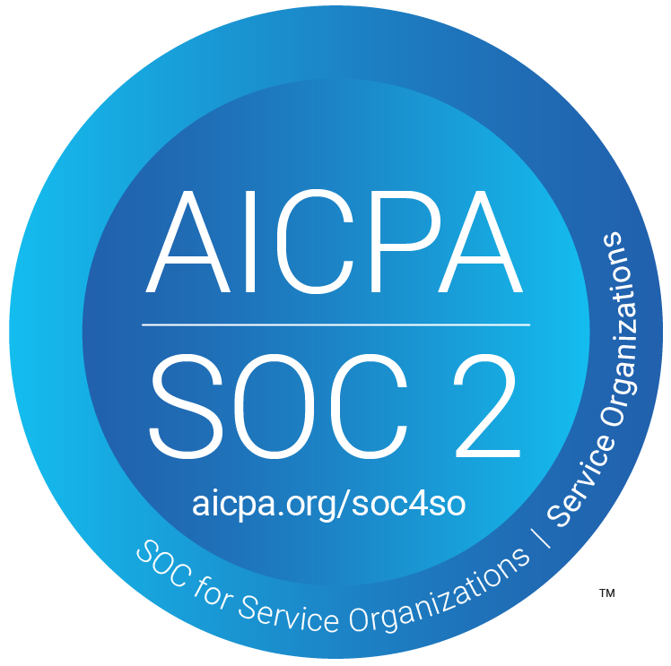AICPA SOC 2 certification badge in a blue circle with white text and a diagonal “Service Organizations” ring.