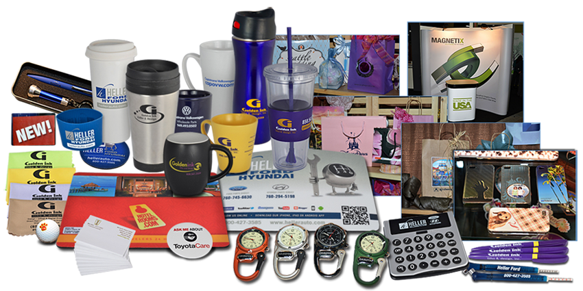 Assorted promotional products, mugs, shirts, keychains, notebooks, and gadgets displayed in a collage
