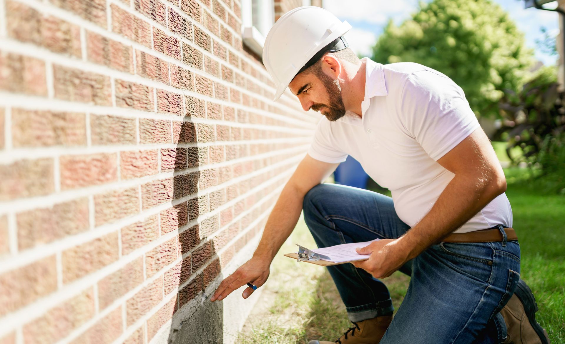 A man is kneeling down next to a brick wall while looking at a clipboard.
