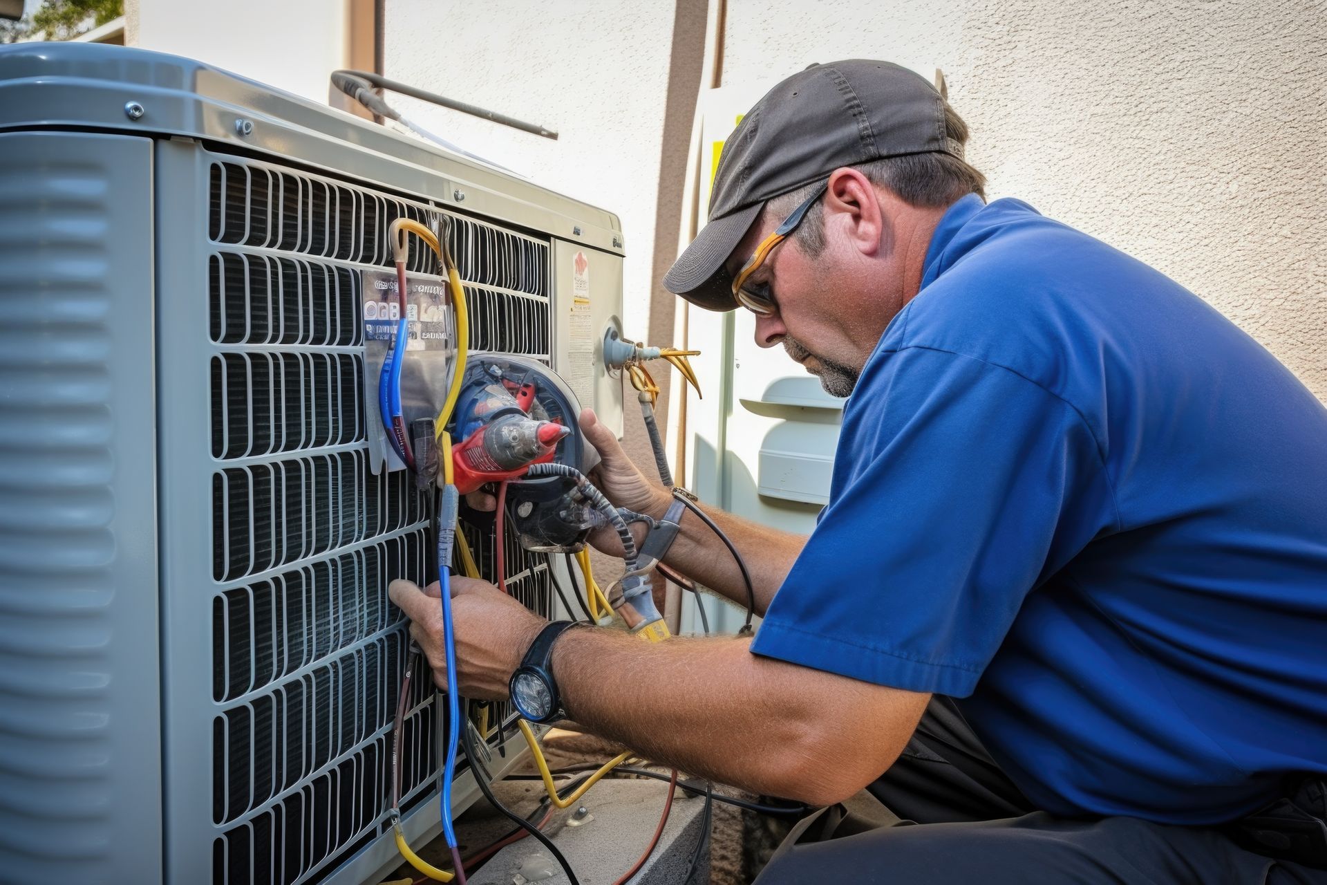 A professional technician performing an HVAC installation and wiring an exterior AC unit.