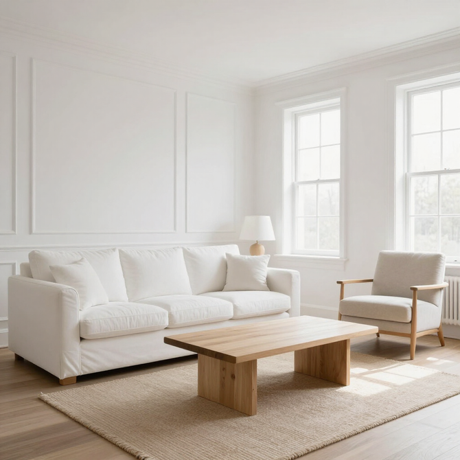 Bright white living room with a sofa, wooden coffee table, armchair, and large windows on a neutral rug