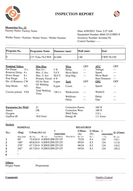 An inspection report is shown on a white background.