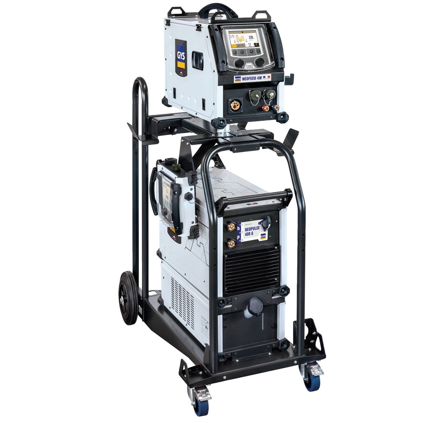 A welding machine is sitting on top of a cart.