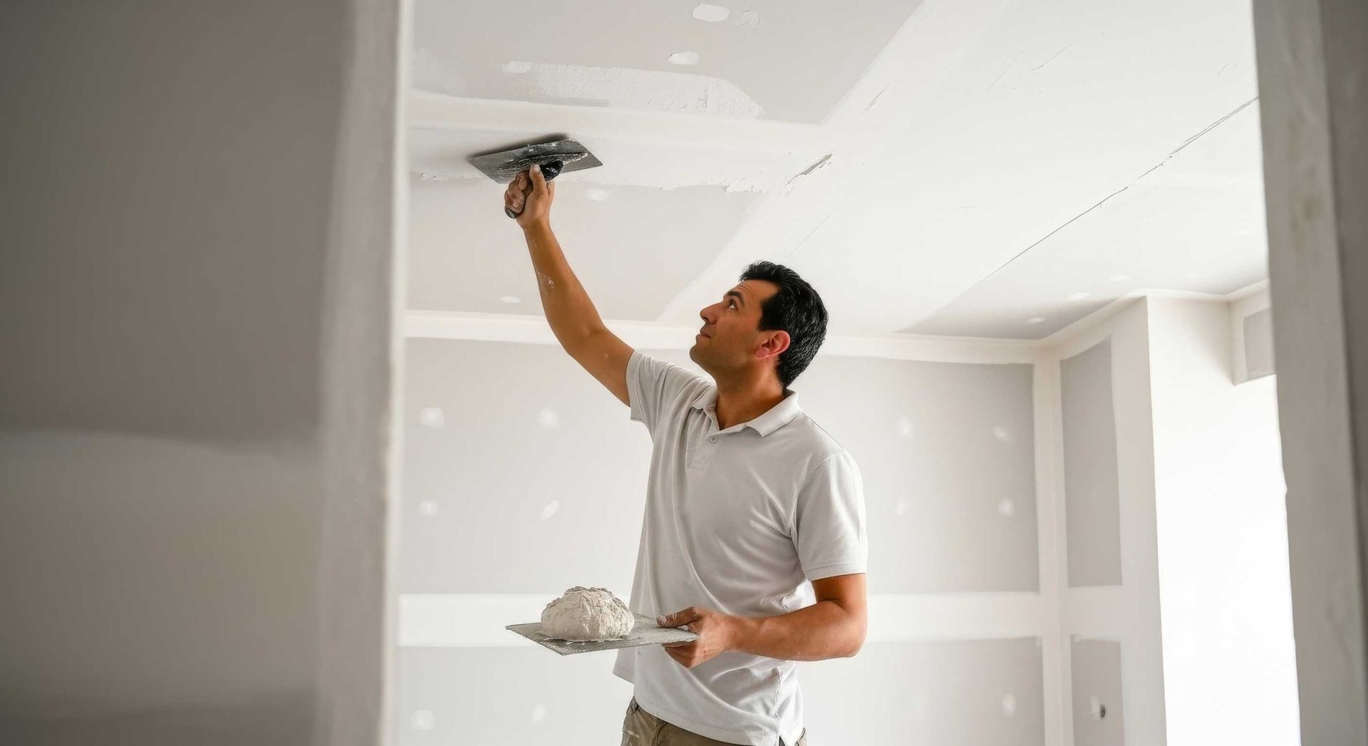  Handyman Applying Gyprock Patch To Plasterboard Wall Ipswich
