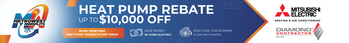 A blue sign that says heat pump rebate $ 10,000 off