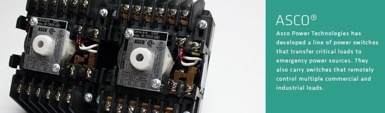 Close-up of an ASCO black electrical contactor switch with multiple terminal connection points and white coil housing.