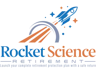 Rocket Science Retirement logo with blue and orange rocket and text on white background