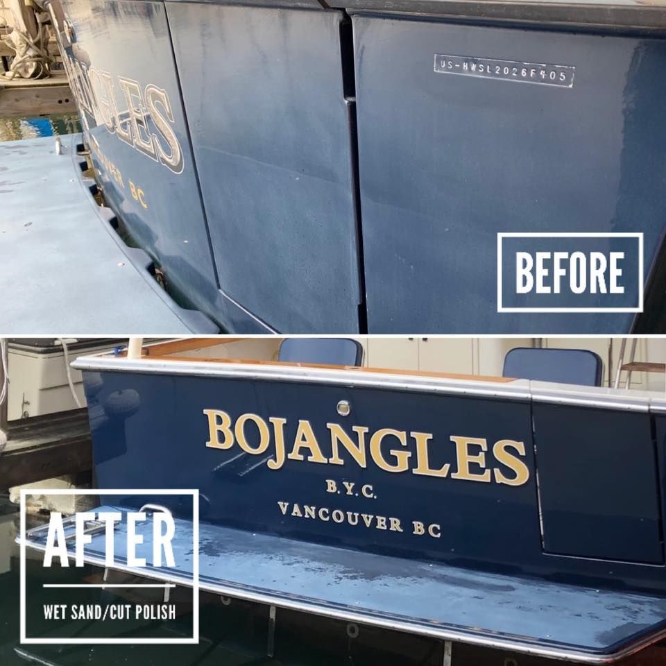 Before and after photos showing a boat's stern with faded blue paint being polished to reveal the name 