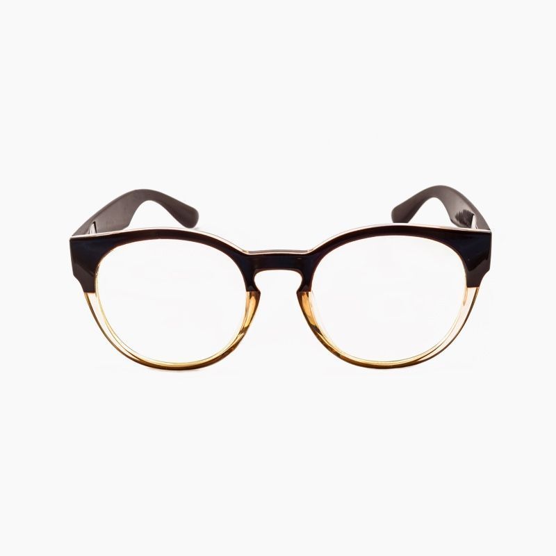 Round-framed eyeglasses with brown top and tan bottom rims, clear lenses, white background.