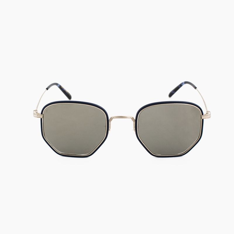 Black octagonal sunglasses with gold accents against a white background.
