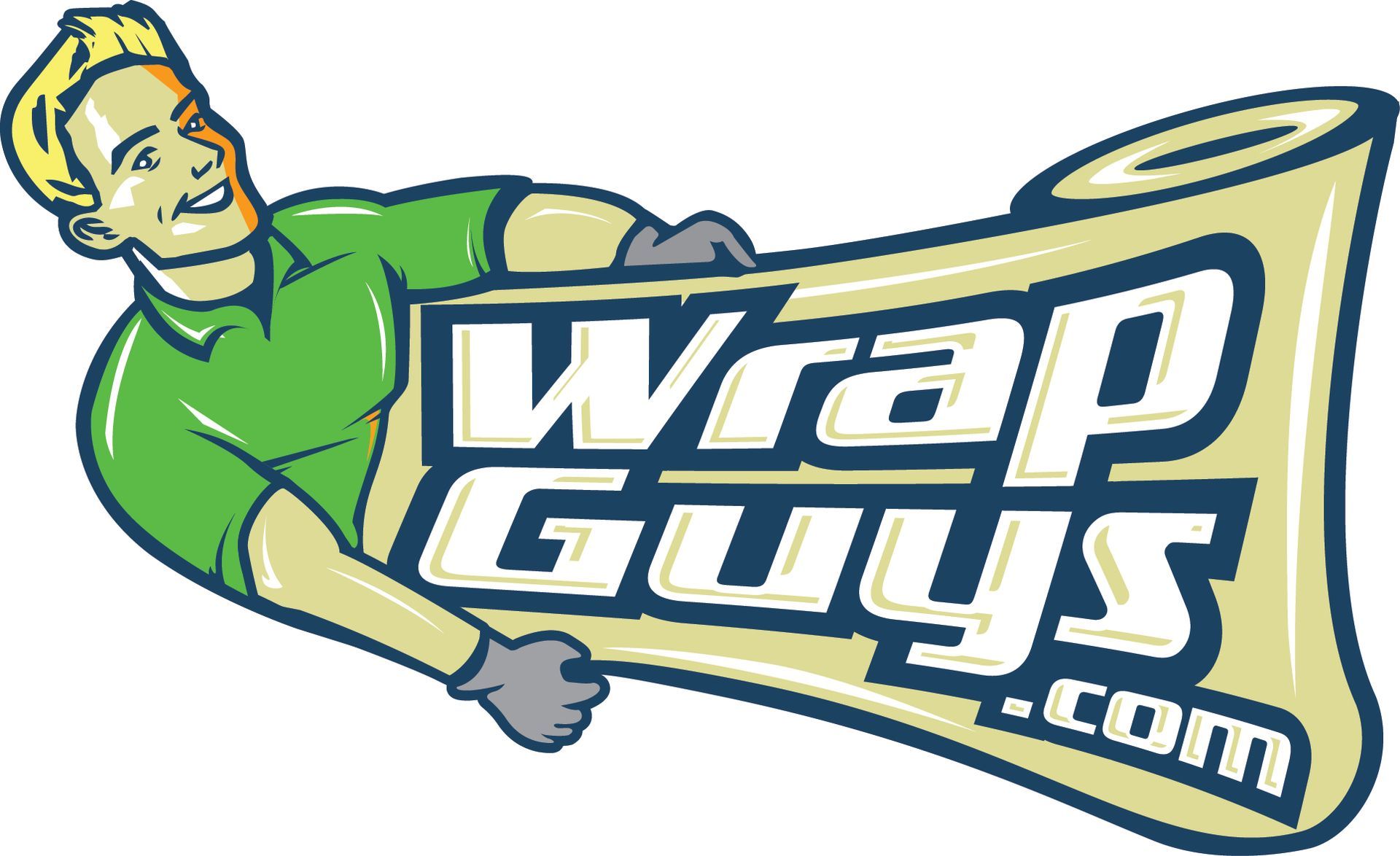 Man holding a roll of wrap material with 