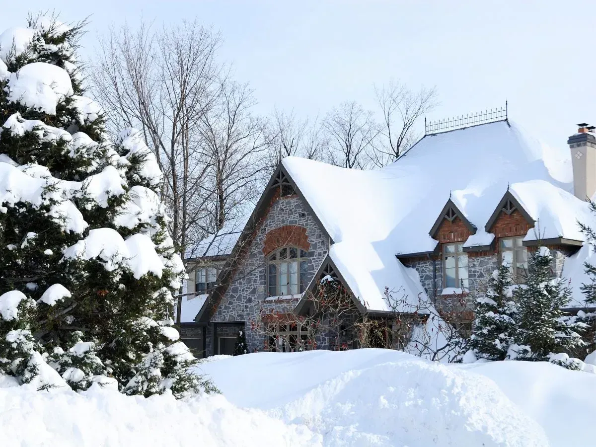 Snow-covered stone house with a steep roof, next to a snowy evergreen tree, in a winter setting.