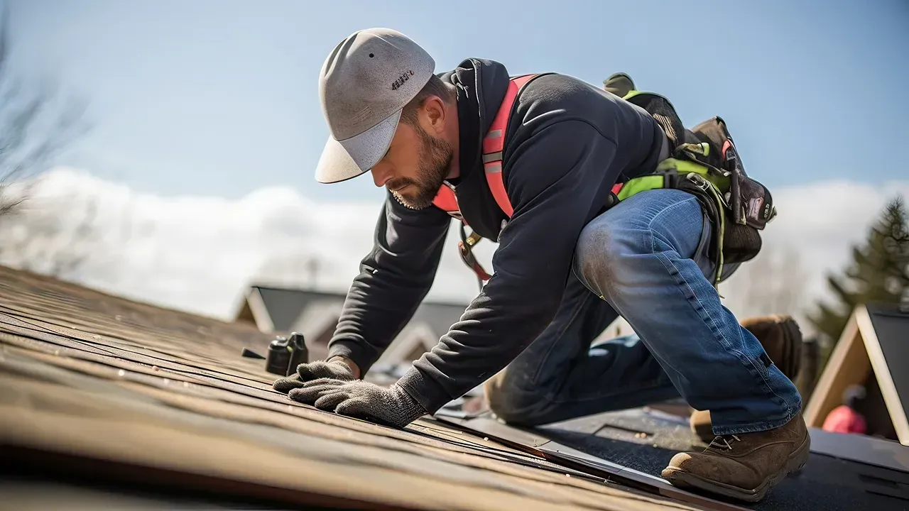 A roofer in a grey cap and safety harness carefully installs shingles on a house under a clear sky