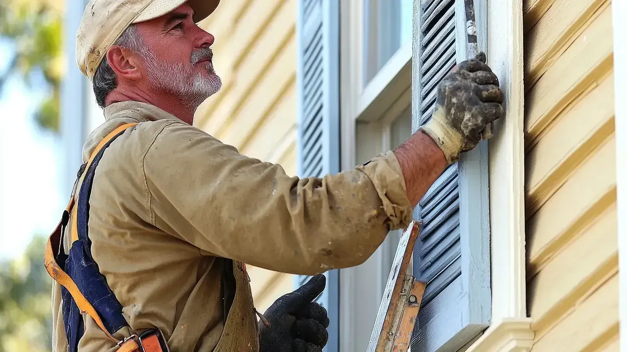 Man painting a window shutter outdoors, wearing a harness and gloves.
