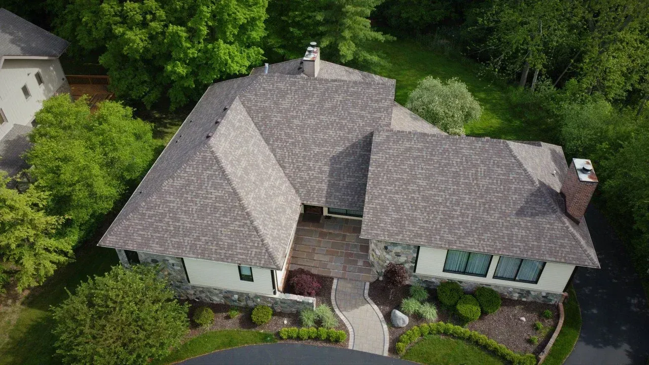 Aerial view of a residential roof replacement in Potomac, MD