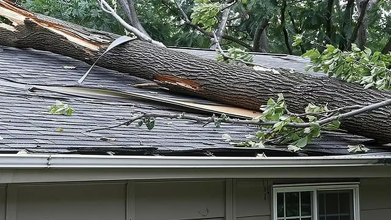 A fallen tree trunk lies across a damaged dark shingled roof with visible cracks and punctures