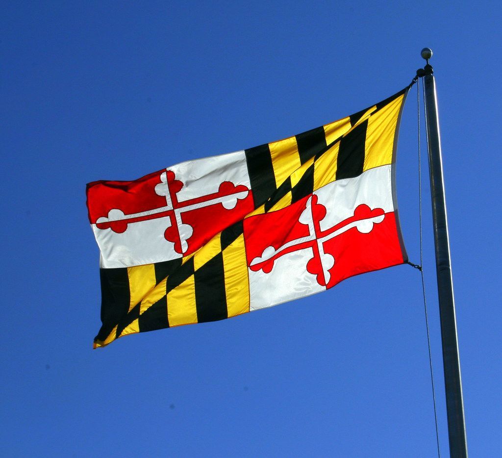 Maryland state flag waving against a bright blue sky.