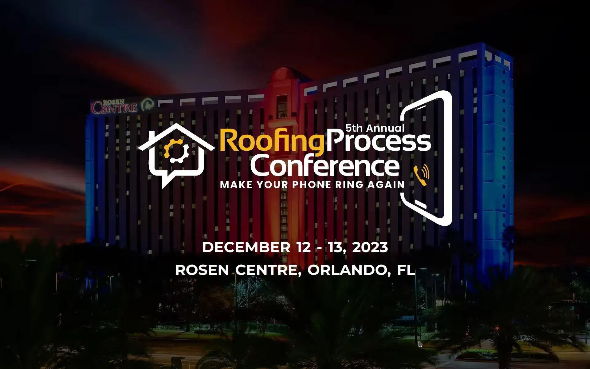 Roofing Process Conference event poster with city skyline, Dec. 12–13, 2023, Rosen Centre, Orlando, FL