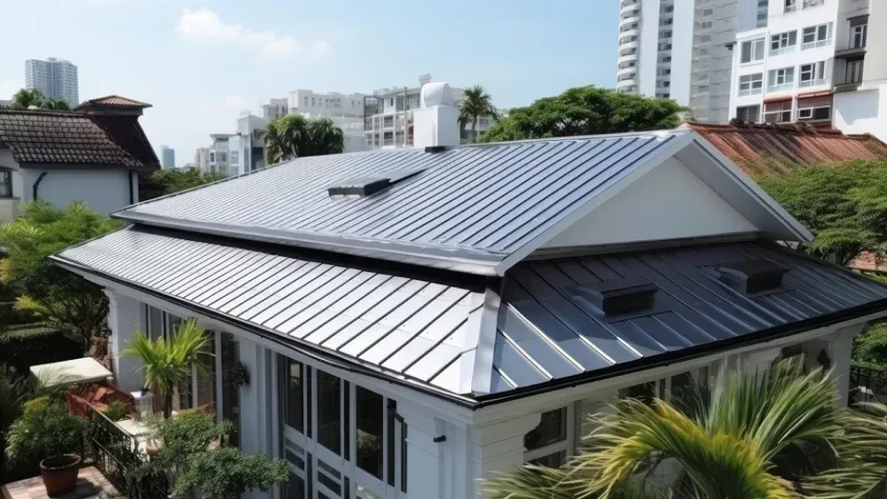 Standing seam metal roof installation on a white residential building in Maryland.