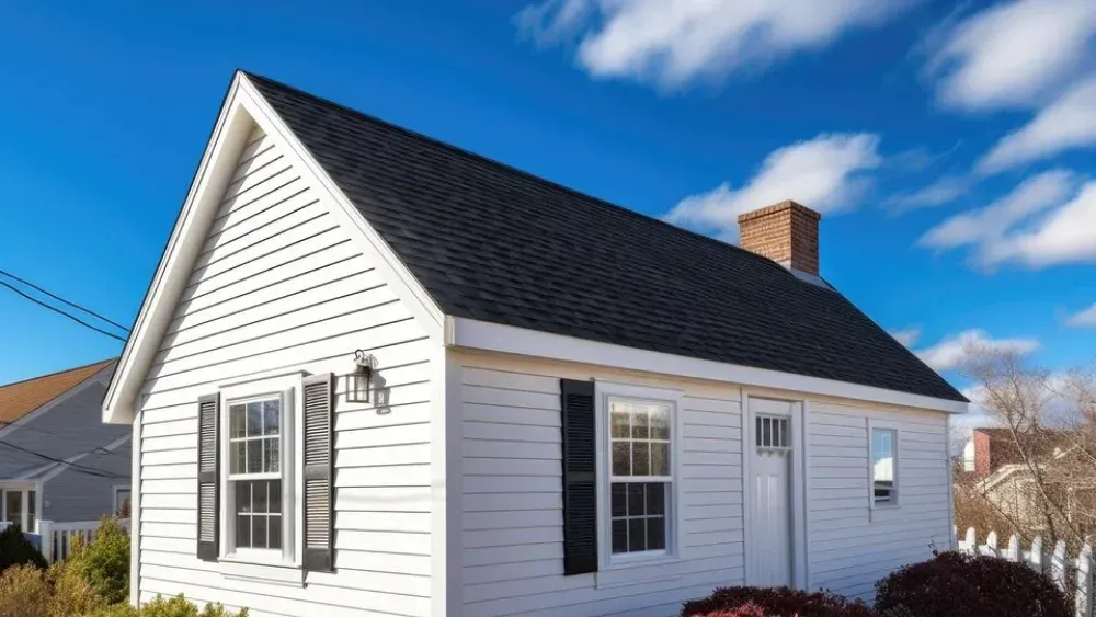 A charming white house with a dark gabled roof, black shutters, and a brick chimney under a bright blue sky