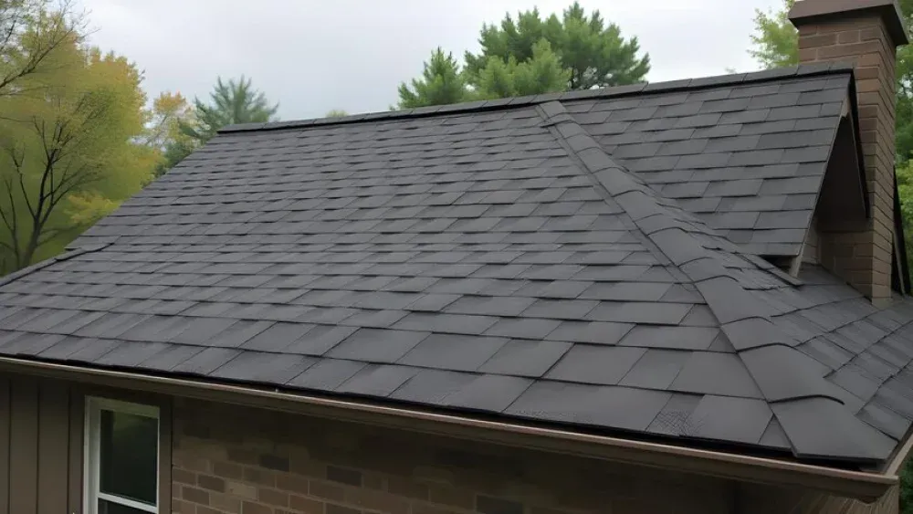 A close-up view of a dark, modern shingle roof on a house with a brick chimney and green trees in the background.