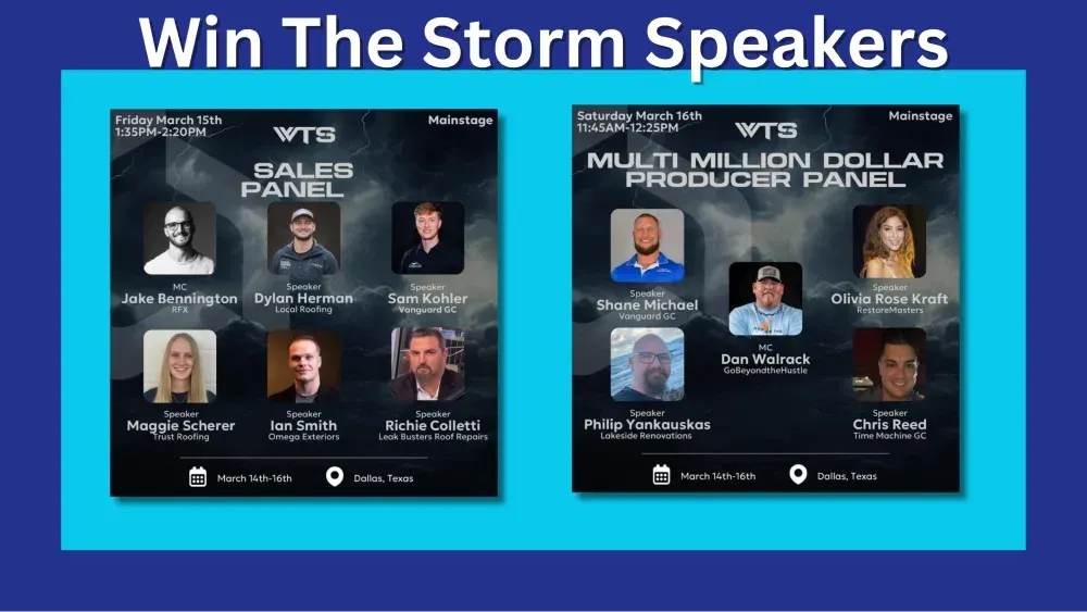 Two panels promoting Win The Storm Speakers with headshots of various panelists and event details.