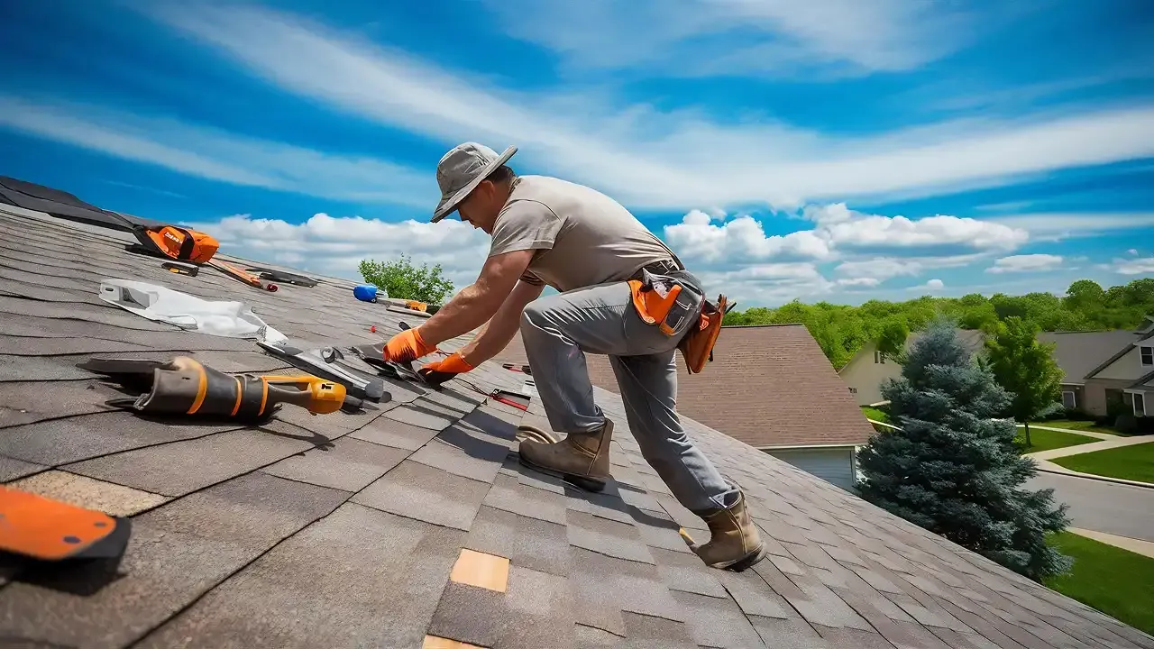 A professional roofer in safety gear installs new shingles on a residential roof under a bright blue sky
