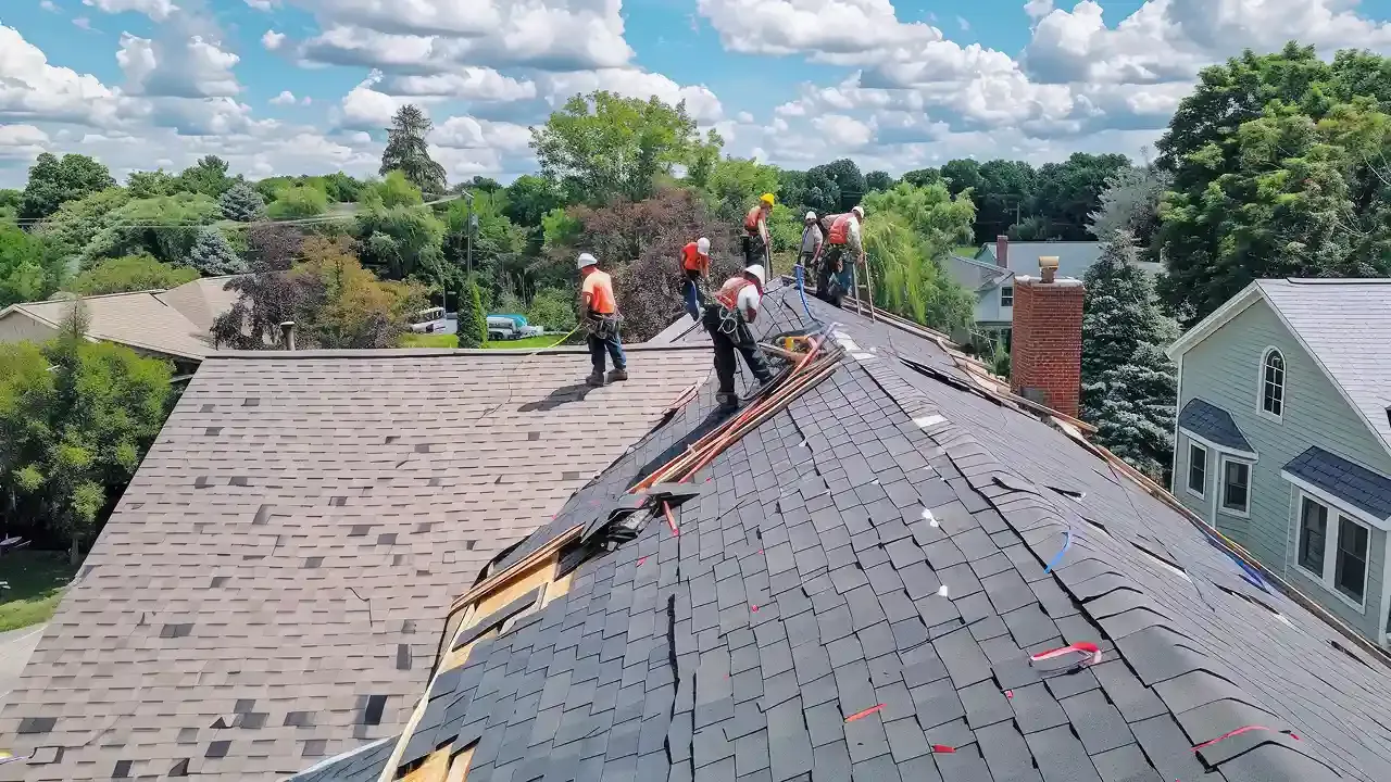 A team of roofers works together to install new shingles on a large residential roof under a bright sky