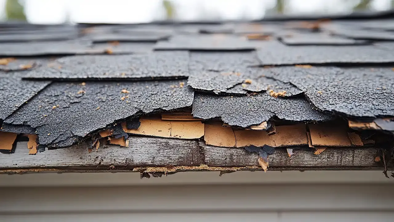 Damaged and deteriorating roof shingles exposing the underlying wood.